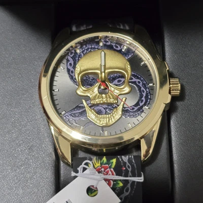 Ed Hardy Men’s Golden Skullface Watch Black Sneak Floral Strap New - Image 1 of 4