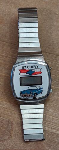 Vintage 57 Chevy LCD Wristwatch Blue Car Silver Watch Chevrolet Bowtie Emblem 