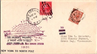 1931 England Lon Hubert Wilkins Submarine North Pole Cover to USA Green Bay WI - Image 1 of 2