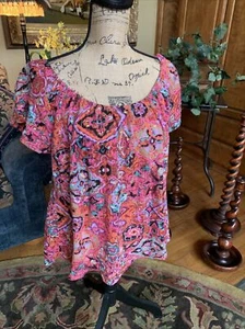 Pink Orange Turquoise Beaded Blouse Gold Thread Shimmer Cotton XL 42” 24” - Picture 1 of 12