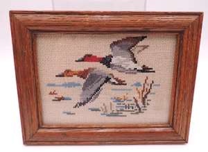 Vintage MCM Mallard Ducks Birds Flight Needlepoint Embroidered Handmade Framed - Picture 1 of 10