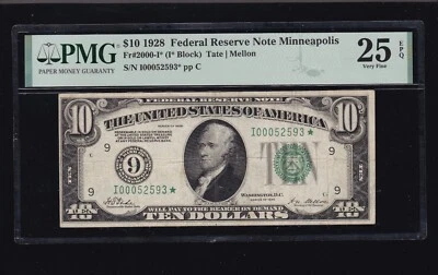US $10 FRN Minneapolis Numeric '9' STAR NOTE* FR 2000-I PMG 25 EPQ (593*) - Image 1 of 2