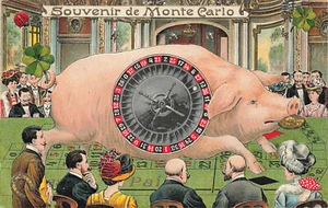 Souvenir De Monte - Carlo /Spélug Pigs With Coin at Roulette Table Postcard - Picture 1 of 2