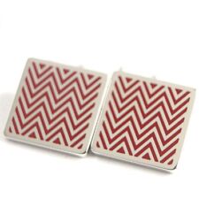 HERMES Cufflinks Herringbone Pattern Square Red Silver With Box Free Shipping