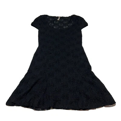 Free People Women's XS Lace SS MIDI Fit Flare Summer Dress Black Lined - Image 1 of 4