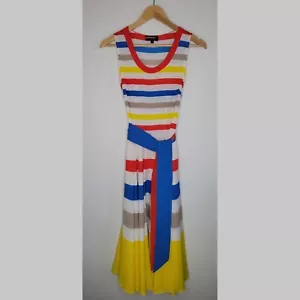 Abito midi vintage IONOY 100% seta taglia 2 righe colori primari cravatta vita USA - Foto 1 di 10