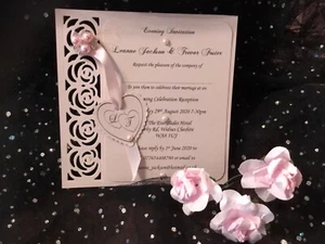 WEDDING INVITATION VINTAGE PINK BLUSH & WHITE LINEN CARD LASER CUT - Picture 1 of 4