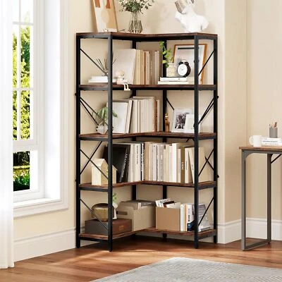 66" Tall Rustic Brown Bookcase Etagere Bookshelf Corner Storage Display Shelves - Image 1 of 4