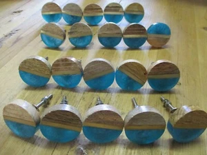 20 WOOD KNOBS ROUND DRAWER PULLS HANDLE KITCHEN BATHROOM MID CENTURY TURQUOISE - Picture 1 of 8