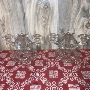 Vintage Pair Indiana Glass Candelabra Laurel Pattern Double Candle Holders EUC - Picture 1 of 3