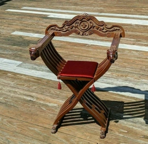 Savonarola Throne Chair Carved Wood Lion Heads Scissor Folding Renaissance Decor - Picture 1 of 12