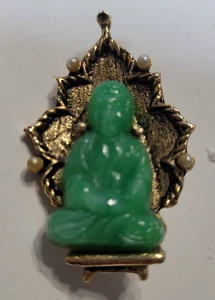 Vintage 1960 Ambassador Jade Peking Glas Buddah Brosche Anstecknadel grün - Bild 1 von 5
