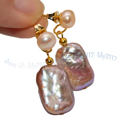 Aretes colgantes de perlas rectangulares naturales de agua dulce púrpura rosa de 11-18 mm Foto 1 de 4