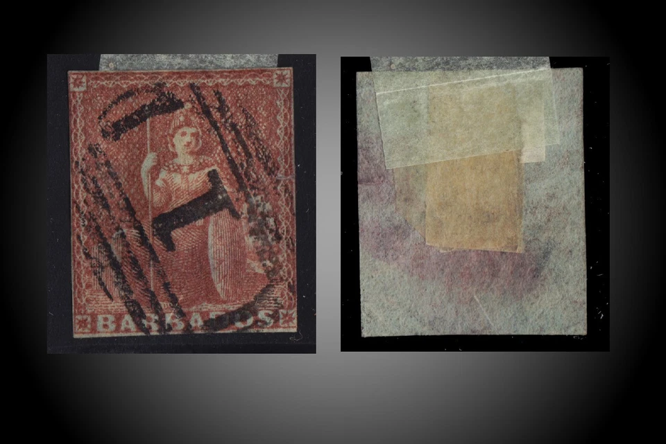 BARBADOS 1855 USADO BRITANNIA MARRÓN ROJO IMPERFORADO 4 P. PAPEL AZULADO  Foto 1 de 1