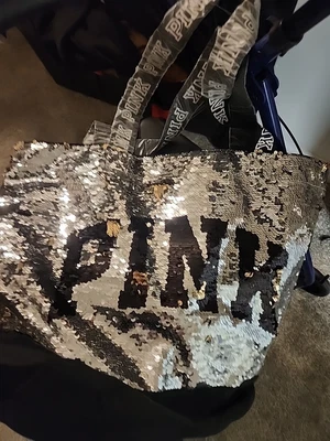 Vs Victoria's Secret Pink Black Tote Bag  Gold Silver Color change Sequins Euc - Image 1 of 4
