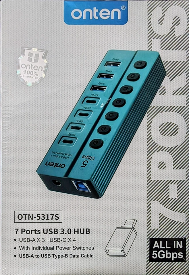 Onten OTN-5317S 7 Port USB 3.0 Hub Type C and USB A Ports 5Gbps for PC Mac Linux - Image 1 of 2