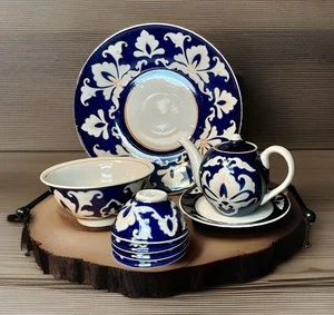 Rare Uzbek Porcelain TeaSet Handcrafted Cobalt Blue & Gold Cotton Pattern Teapot - Picture 1 of 22