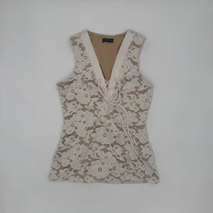 Venus Tank Top Womens White Beige Lined Embroidry Flower Sleeveless Lace Up Neck - Picture 1 of 5