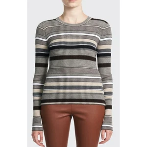  Theory Women's Beige Wool  Multi-Media Striped Crewneck Sweater XS P - Picture 1 of 6