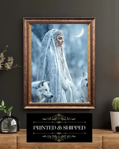 January Goddess Fantasy Print Pagan Winter Solstice Art White Wolves And Moon - Picture 1 of 5