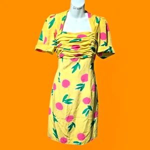 LOUIS FERAUD vtg 80s West Germany Bright Yellow Pink Green Lychee Dress M 10 1F - Picture 1 of 13