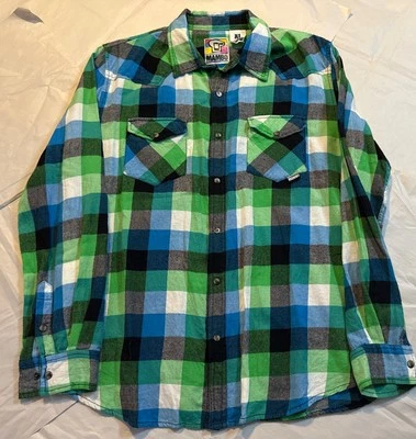 Camisa de franela Mambo para hombre talla XL botón a presión azul negro verde blanco algodón a cuadros Foto 1 de 4
