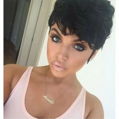 Peluca de corte pixie de cabello humano peluca corta recta con flequillo peluca segura contra el calor sin pegamento  Foto 1 de 3