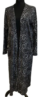 全新带标签 LuLaRoe Sarah Duster L 黑色花卉波西米亚独角兽和服风衣 Midi Cardigan — 第 1/4 张图片