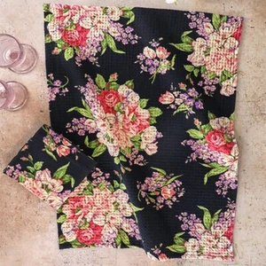 April Cornell Blanche Floral Tea Towel Set of 2 Black Rose Pink Purple Green - Picture 1 of 4