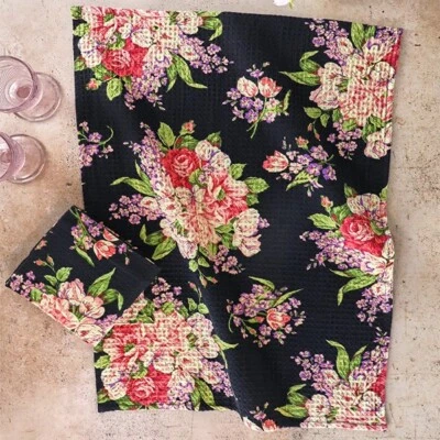 April Cornell Blanche Floral Tea Towel Set of 2 Black Rose Pink Purple Green
