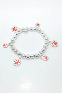 PAW PRINT CHARM Stretch Bracelet Hot Orange with Silver Plated Beads - Picture 1 of 4