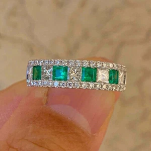 3Ct Princess Cut Emerald Diamond Half Eternity Band Ring 14K White Gold Finish - Picture 1 of 6