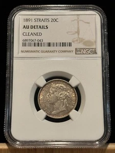 STRAITS SETTLEMENTS 20 Cents 1891, Lustrous NGC AU Details (cleaned) Scarce. X4 - Picture 1 of 2