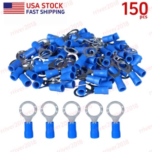 150pcs Blue Gauge 16-14AWG Wire Connectors Vinyl 5/16" Stud Ring Terminals RV2-8 - Picture 1 of 7
