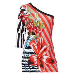 originell! Abend Blumen Bunt ONE SHOULDER TOP Shirt OBERTEIL Gr.34/36 Glitzer - Bild 1 von 4