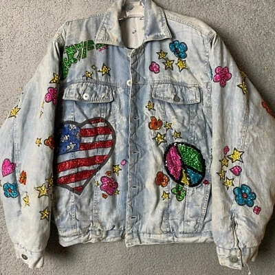De Colección Sixties Revolution Jeans Chaqueta Para Hombres M Azul Denim Lentejuelas Groovy Hippie Foto 1 de 4