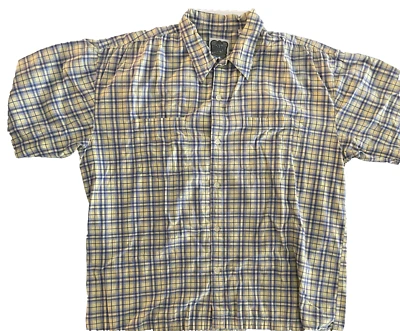 Ocean Current 男式棉质短袖黄色/蓝色格子衬衫,尺寸 L — 第 1/4 张图片