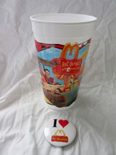 1994 McDonalds Flintstones - Roc Donald's Plastic Coke Cup & Pin Back Button