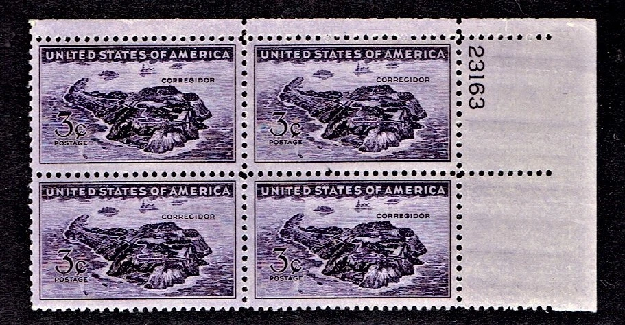 1944 U.S Commem 3c Violet CORREGIDOR  Plt#Blk of 4  Sc#925 M/NH/OG GEM! - Image 1 of 1