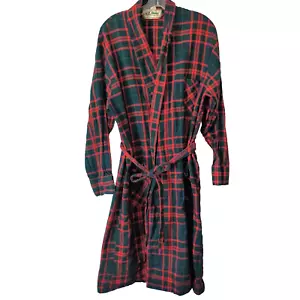 Vtg LL Bean Bathrobe Mens Size Small Plaid Flannel Red Green Blue Robe Cozy Dad - Picture 1 of 14