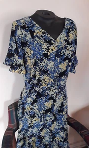 TALBOTS Blue/Black Multicolor Floral Short Sleeve Lined Dress w/Ruffle Sleeves 8 - Picture 1 of 5