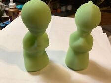 Vintage Fenton Art Glass Green Satin Praying Children Boy and Girl Figurines