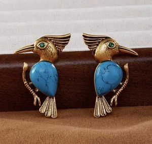 Bird Earrings Turquoise Woodpecker VTG CZ Art Museum Gold Antique Deco Boho - Picture 1 of 7