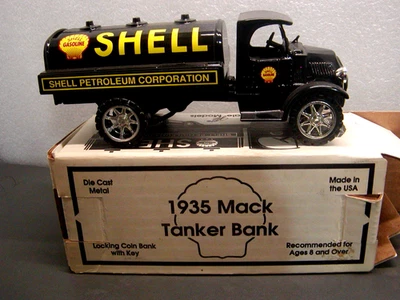 Ertl Shell 1935 Mack Tanker Bank Die Cast Metal Truck Coin Bank Foto 1 de 4