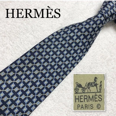 HERMES Tie Square Check All over Pattern 100 Silk Made in France Blue Business - Image 1 of 4