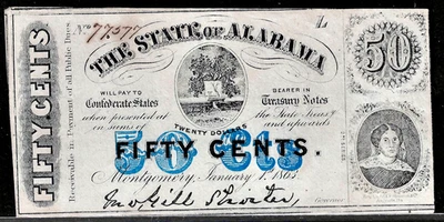 1863 Confederate States of America Alabama 50¢ Cents Note Crisp UNC Radar #77577 - Image 1 of 2
