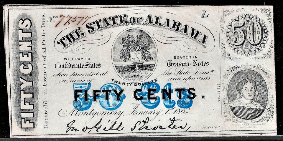 1863 Confederate States of America Alabama 50¢ Cents Note Crisp UNC Radar #77577 - Image 1 of 2