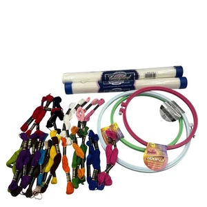 Craft Lot Cross Stitch Fabric 25 Skeins Embroidery Thread & 3 Plastic Hoop Rings - Picture 1 of 10