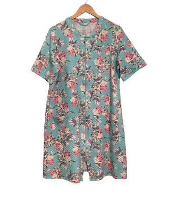 Adonna Floral Robe Womens Large Quilted Zip Lace Front Teal Pink Patch Pockets - Image 1 of 3