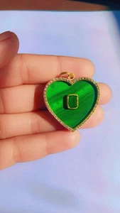 EmeraldPendant Malachite Pendant Moissanite Diamond Pendant Solid 14k Gold Charm - Picture 1 of 5